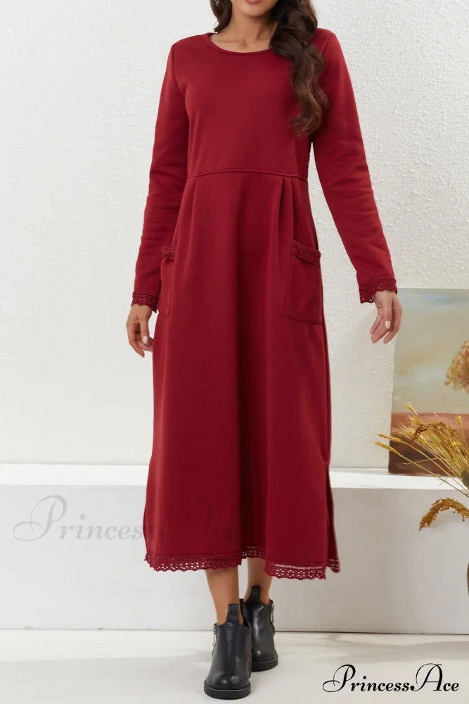 Pocketed Lacework Hem Dress Red / L Midi Dresses