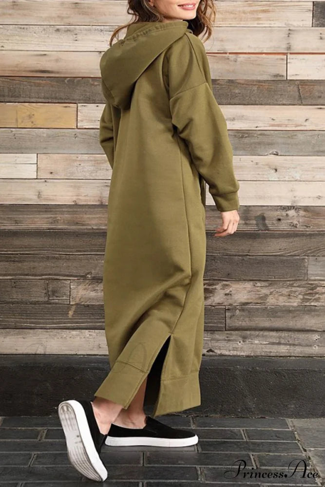 Pocketed Slit Hem Hoodie Dress Army Green / 2Xl Midi Dresses