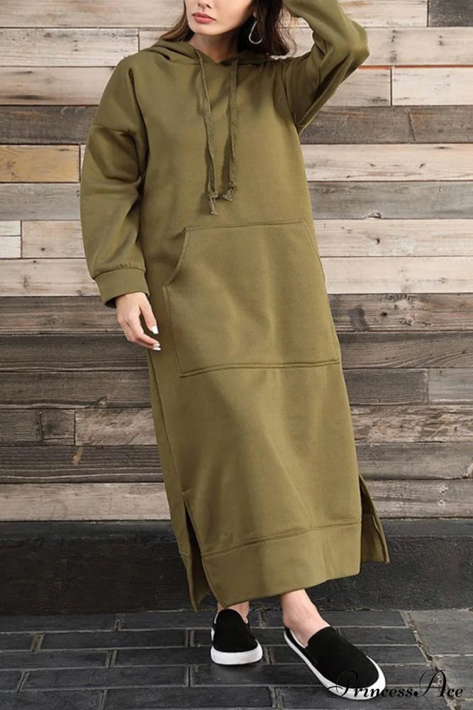 Pocketed Slit Hem Hoodie Dress Army Green / S Midi Dresses