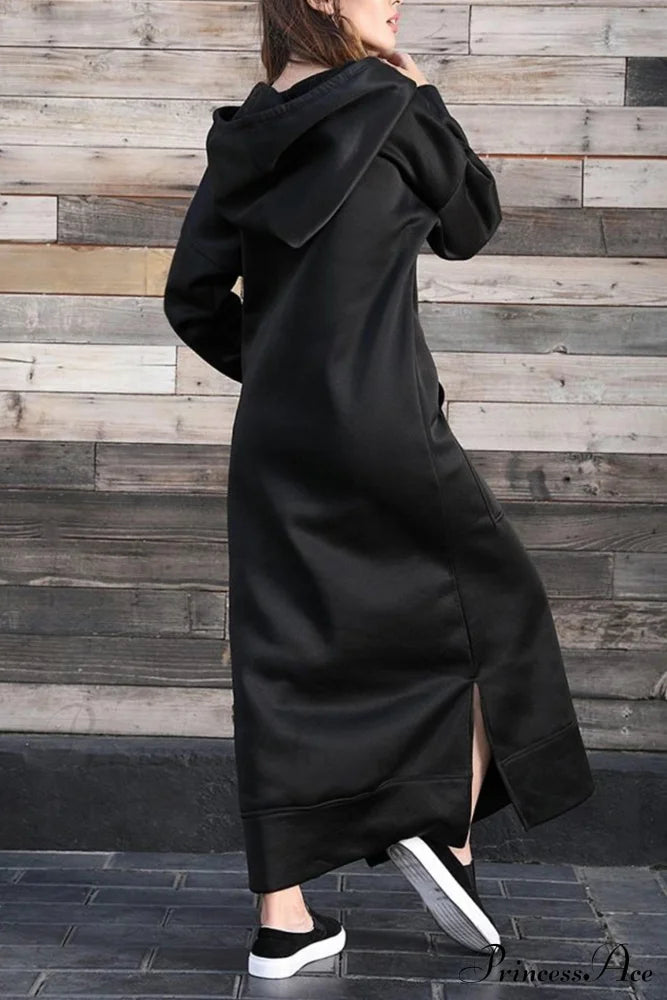 Pocketed Slit Hem Hoodie Dress Black / 2Xl Midi Dresses