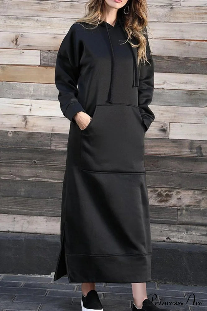 Pocketed Slit Hem Hoodie Dress Black / S Midi Dresses