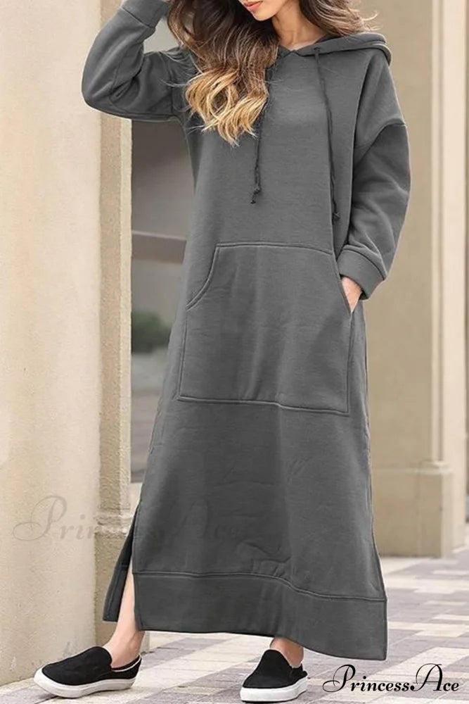 Pocketed Slit Hem Hoodie Dress Dark Grey / S Midi Dresses