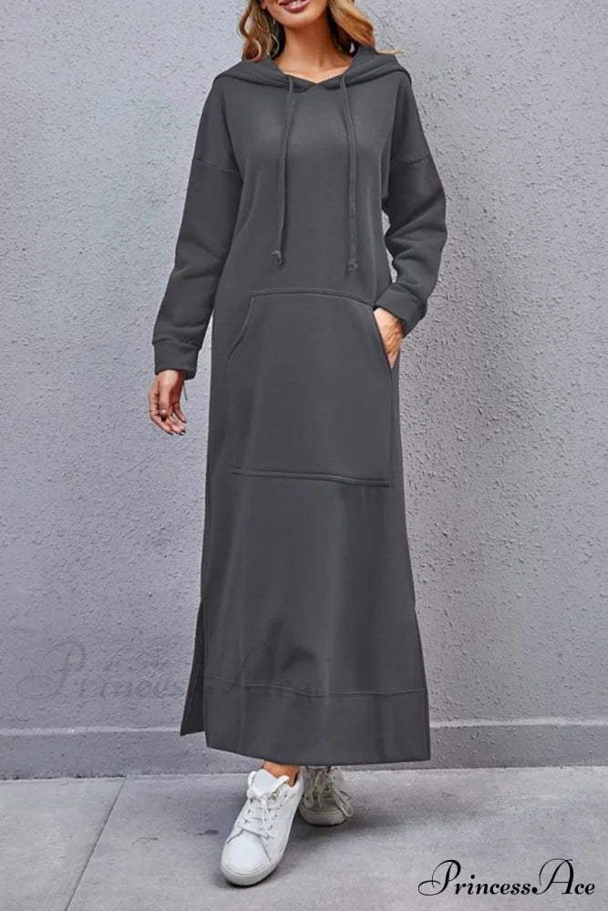 Pocketed Slit Hem Hoodie Dress Dark Grey / Xl Midi Dresses