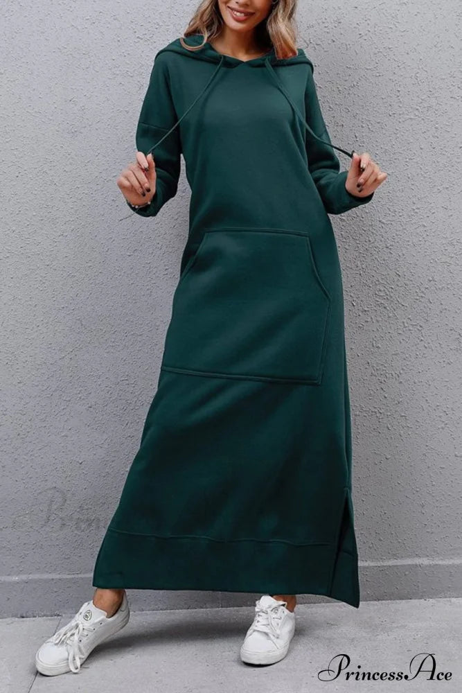 Pocketed Slit Hem Hoodie Dress Green / S Midi Dresses