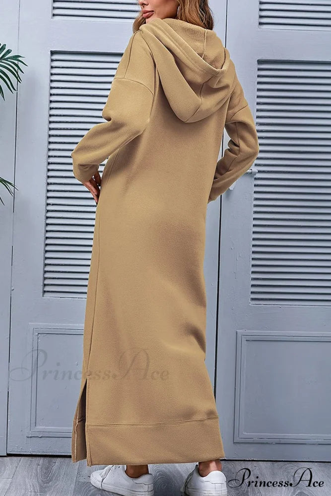 Pocketed Slit Hem Hoodie Dress Khaki / 4Xl Midi Dresses