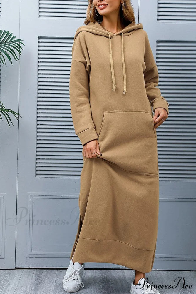 Pocketed Slit Hem Hoodie Dress Khaki / S Midi Dresses