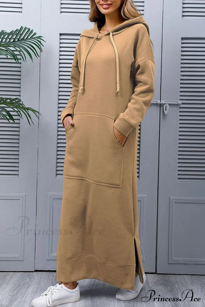 Pocketed Slit Hem Hoodie Dress Khaki / Xl Midi Dresses