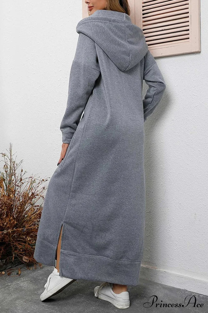 Pocketed Slit Hem Hoodie Dress Light Grey / 2Xl Midi Dresses