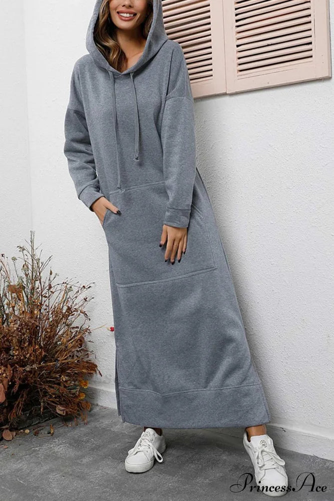 Pocketed Slit Hem Hoodie Dress Light Grey / S Midi Dresses