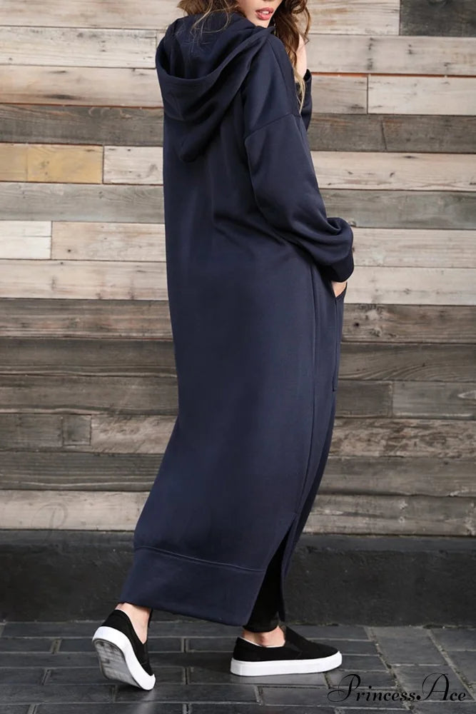 Pocketed Slit Hem Hoodie Dress Navy Blue / 2Xl Midi Dresses