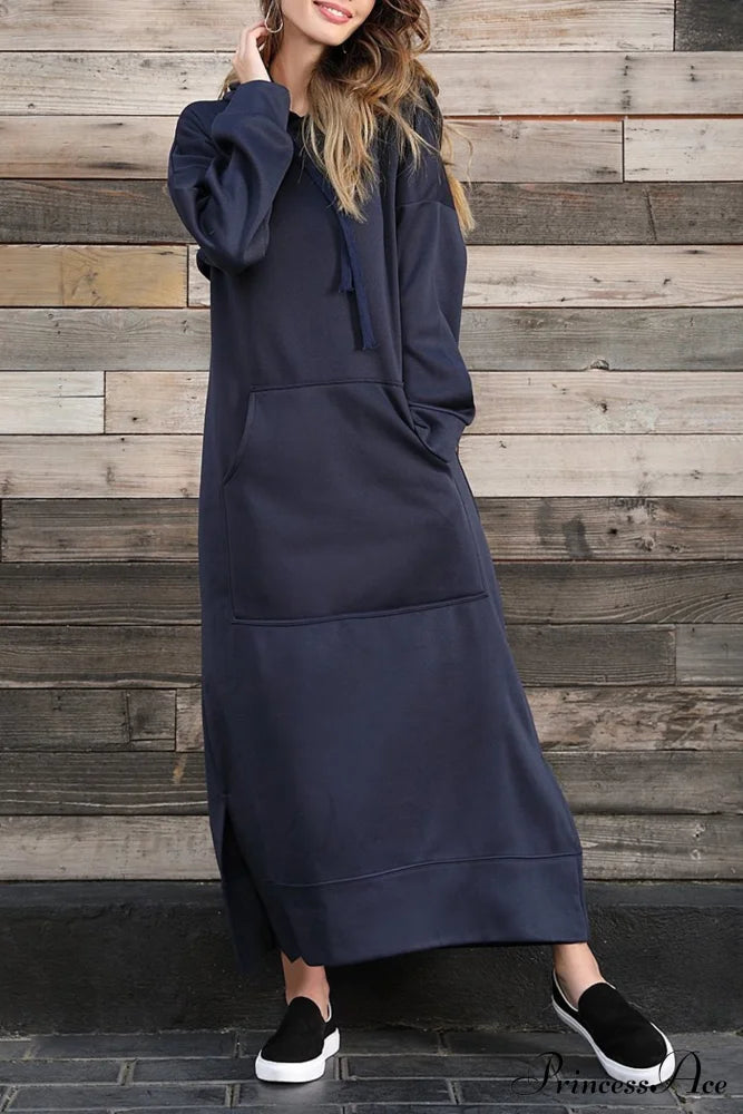 Pocketed Slit Hem Hoodie Dress Navy Blue / S Midi Dresses