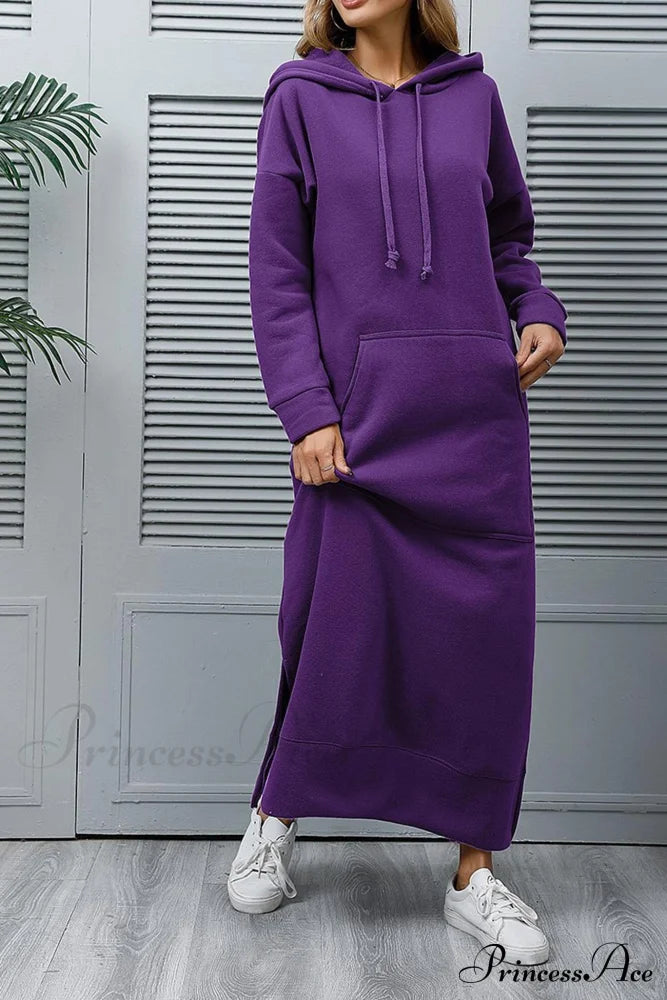 Pocketed Slit Hem Hoodie Dress Purple / Xl Midi Dresses