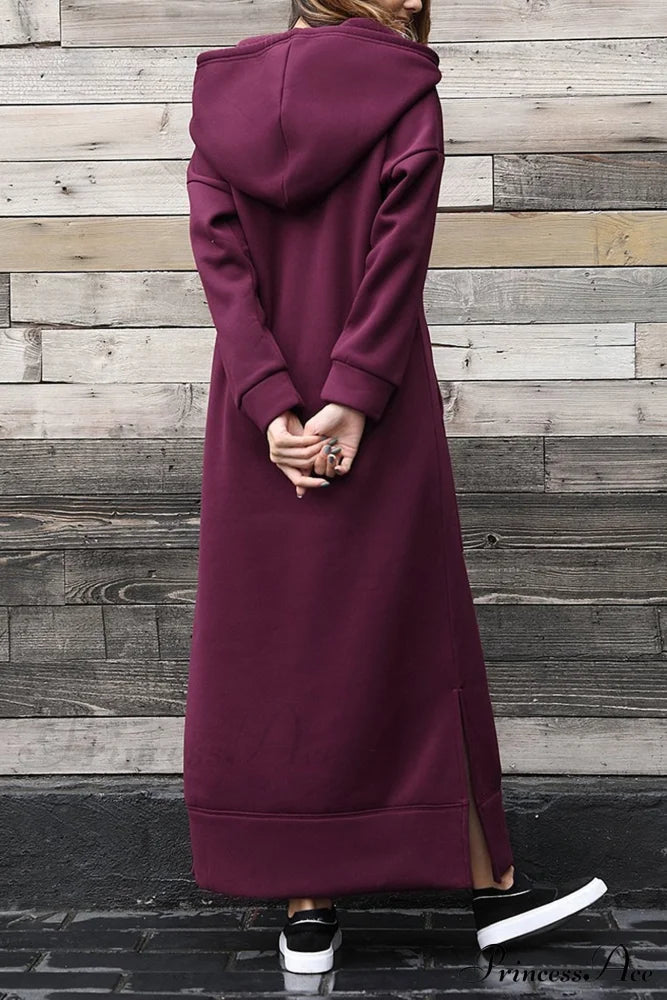 Pocketed Slit Hem Hoodie Dress Wine Red / 2Xl Midi Dresses