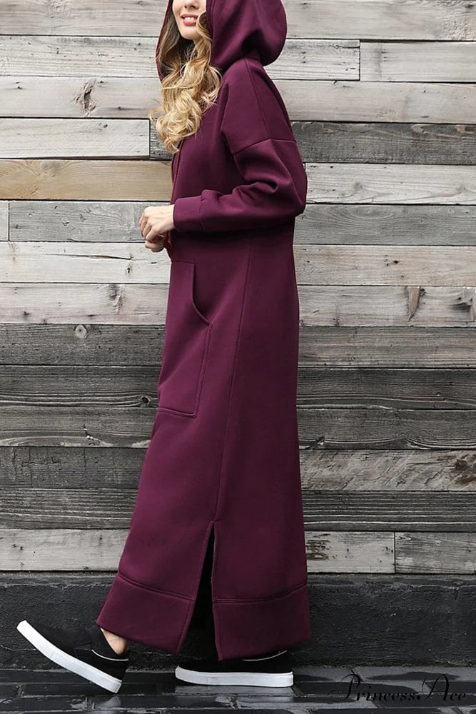 Pocketed Slit Hem Hoodie Dress Wine Red / L Midi Dresses