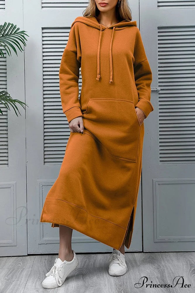 Pocketed Slit Hem Hoodie Dress Yellow / S Midi Dresses