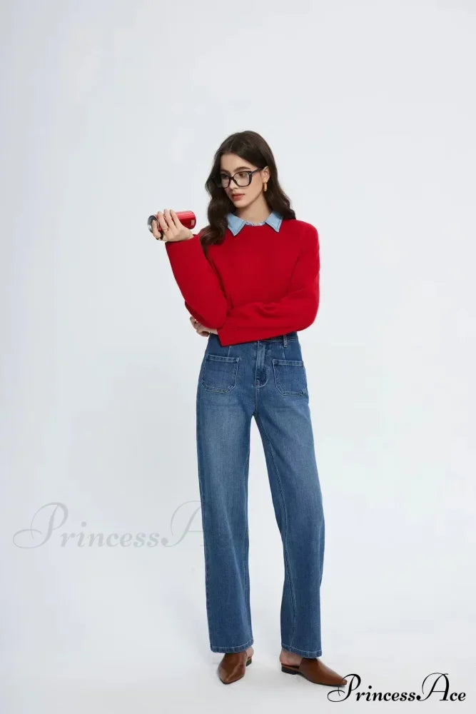 Pockets Women Temperament High Waist Straight Denim Pant Females Vintage Simple Streetwear Washed