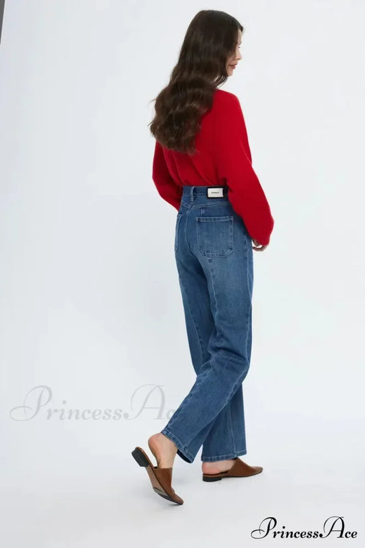 Pockets Women Temperament High Waist Straight Denim Pant Females Vintage Simple Streetwear Washed