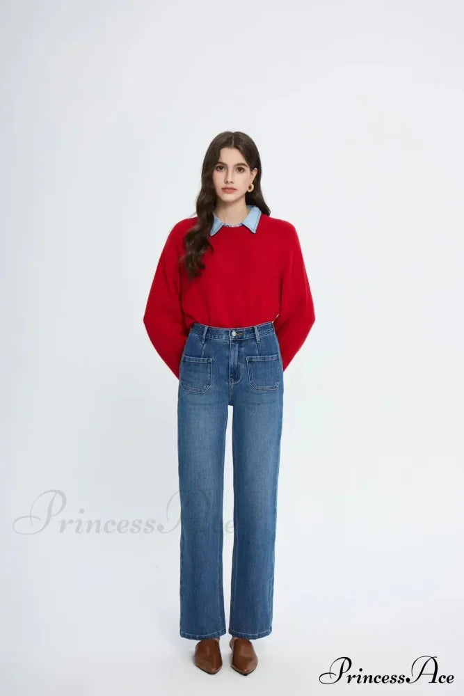 Pockets Women Temperament High Waist Straight Denim Pant Females Vintage Simple Streetwear Washed