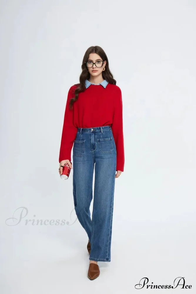 Pockets Women Temperament High Waist Straight Denim Pant Females Vintage Simple Streetwear Washed