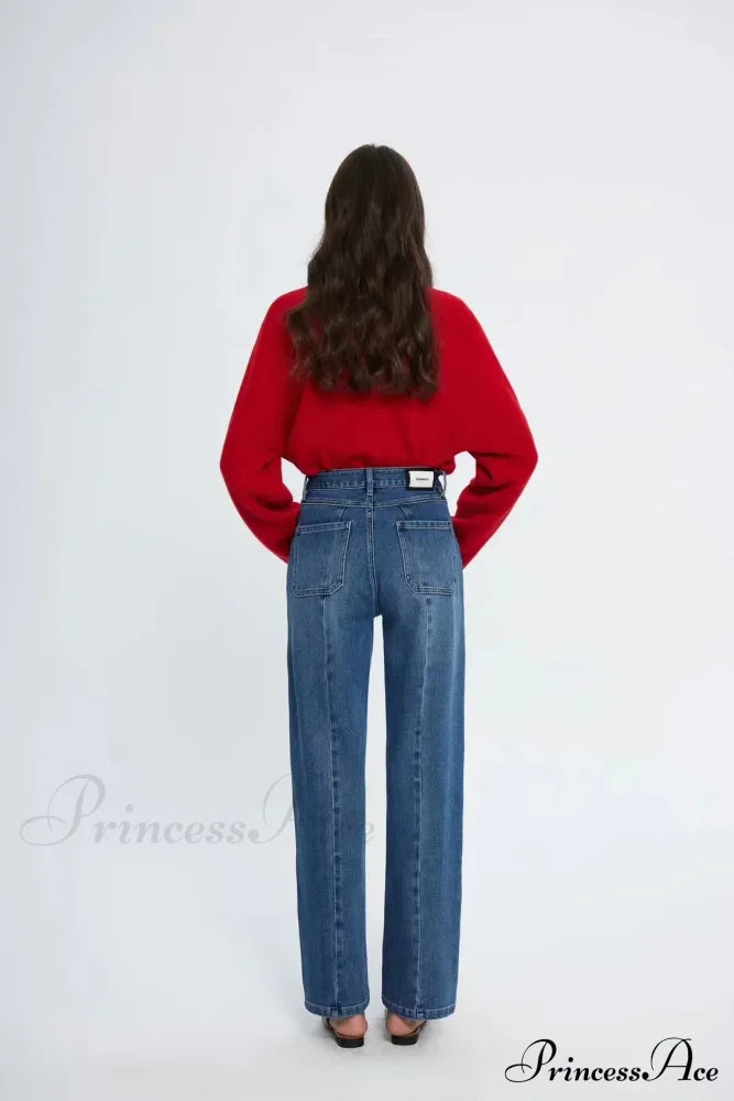 Pockets Women Temperament High Waist Straight Denim Pant Females Vintage Simple Streetwear Washed