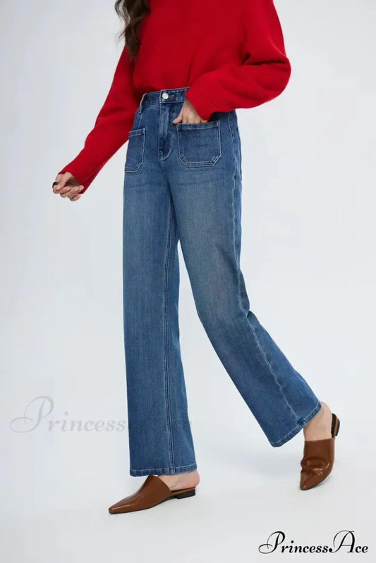 Pockets Women Temperament High Waist Straight Denim Pant Females Vintage Simple Streetwear Washed