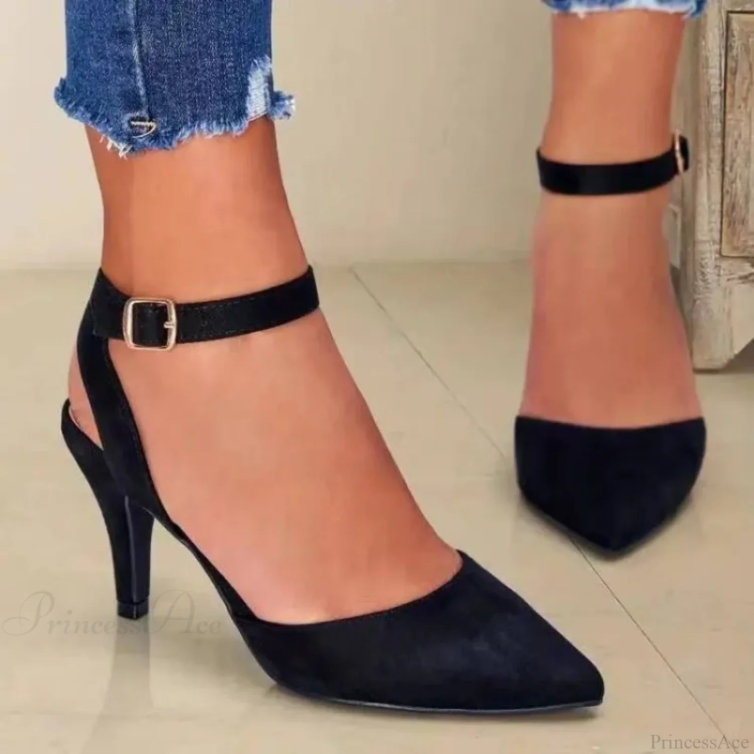 Pointed Wrap Hollow Out Ankle Strap Dating Office Sandals Low Heel Pump Black / 36