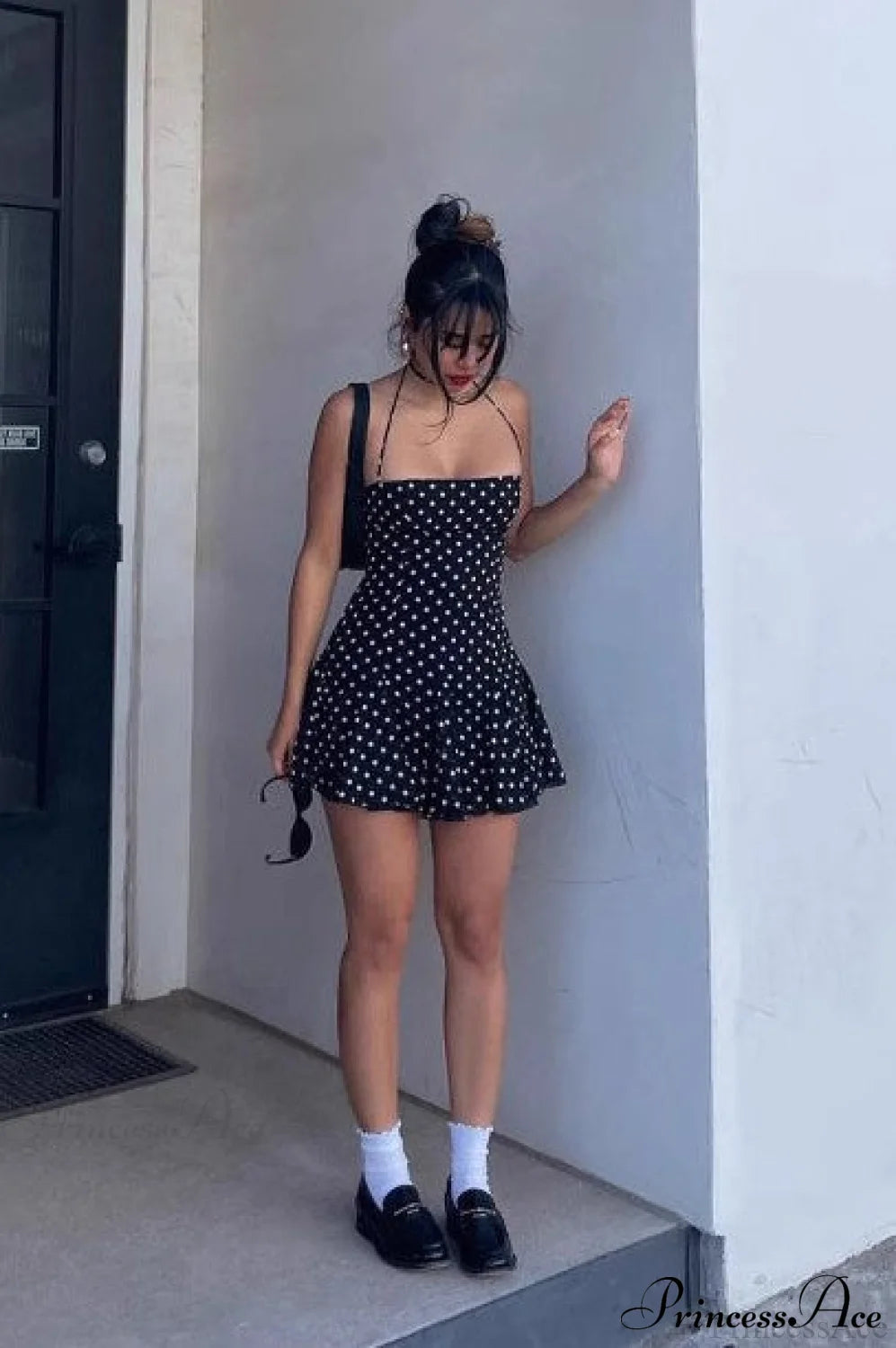 Polka Dot Halter Neck Backless Bodycon Mini Dress