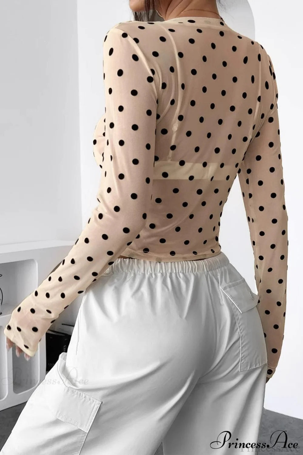 Polka Dot Mesh Slim Fit Long Sleeve Crop Top