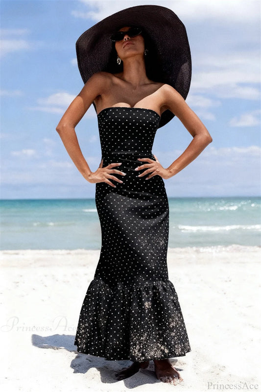 Polka Dot Off Shoulder Strapless Maxi Dress Black / S