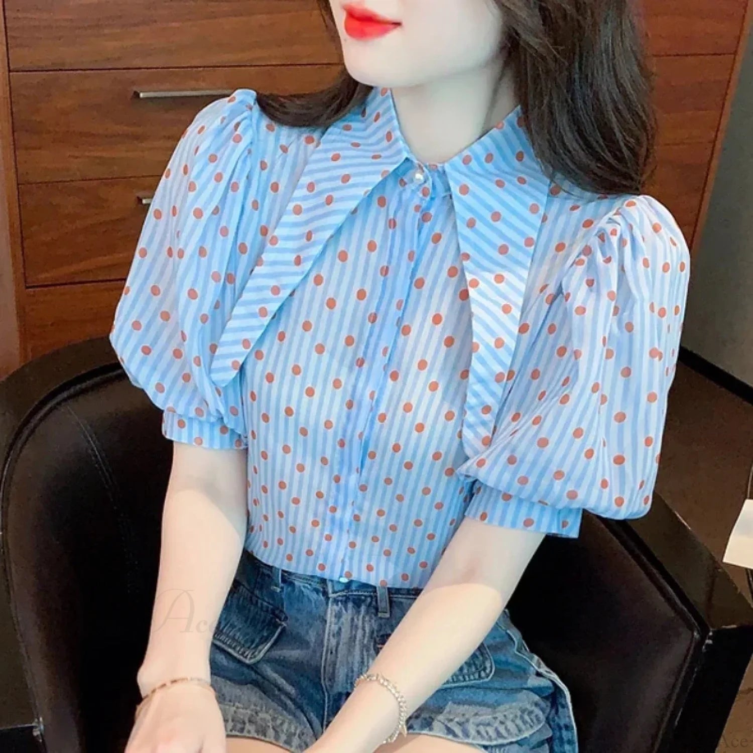 Polka Dot Print Elegant Loose Puff Sleeve Blouse blouse-250126