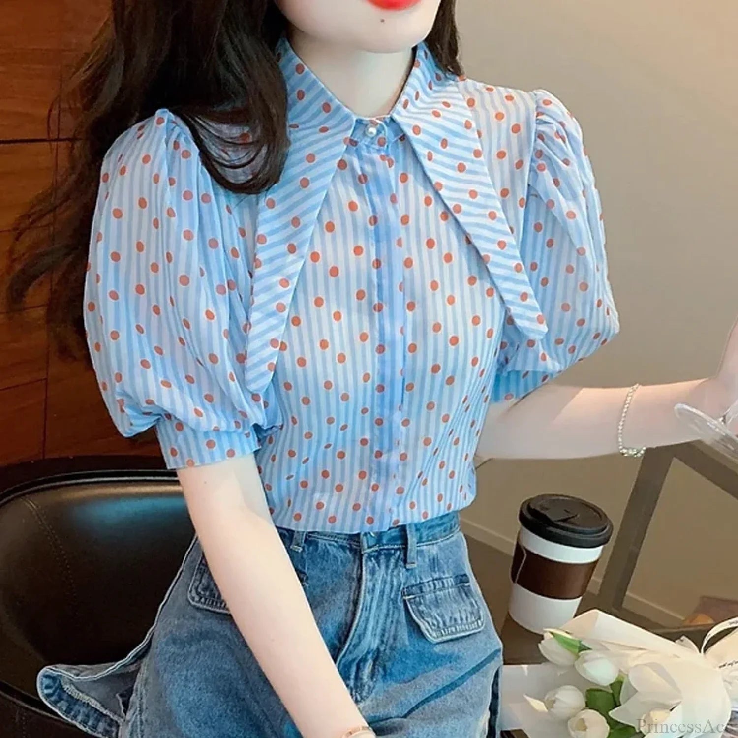 Polka Dot Print Elegant Loose Puff Sleeve Blouse blouse-250126