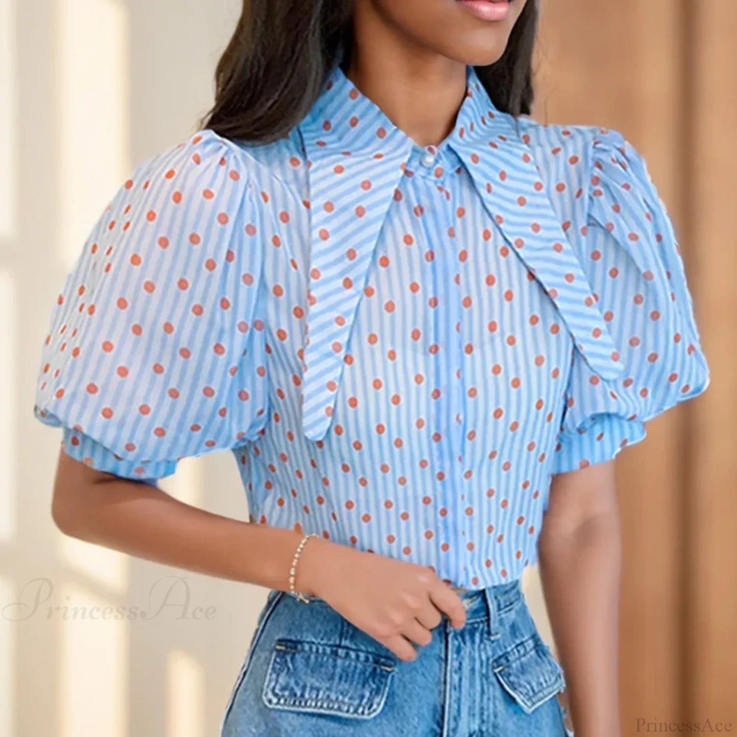 Polka Dot Print Elegant Loose Puff Sleeve Blouse Blue / S blouse-250126