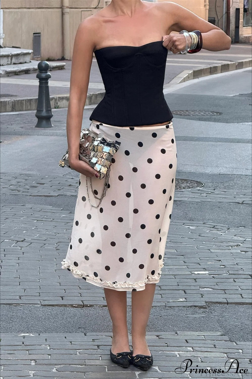 Polka Dot Satin High Waist A-Line Skirt