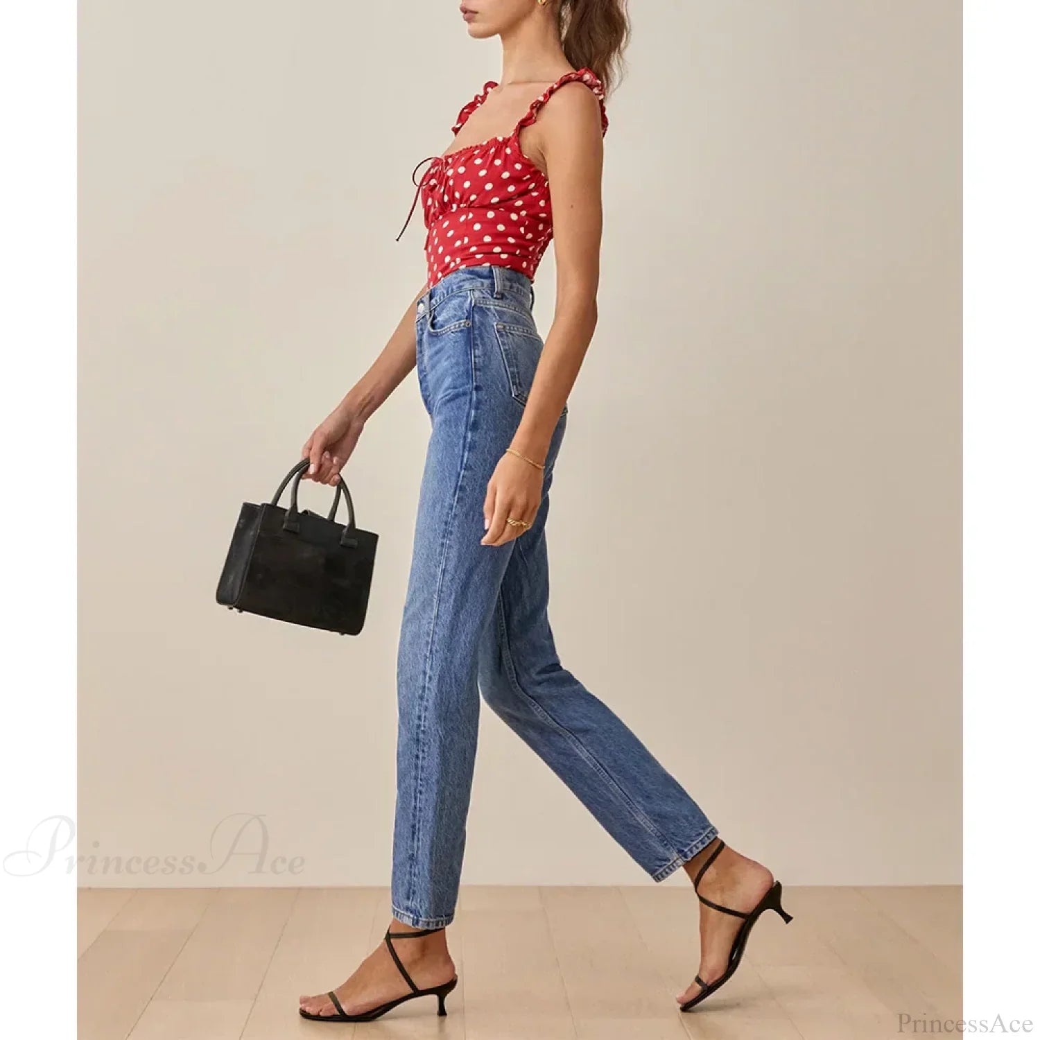 Polka Dot Square Neck Tie Sleeveless Frill Strap Smocked Fitted Sexy Crop Top croptop-250126