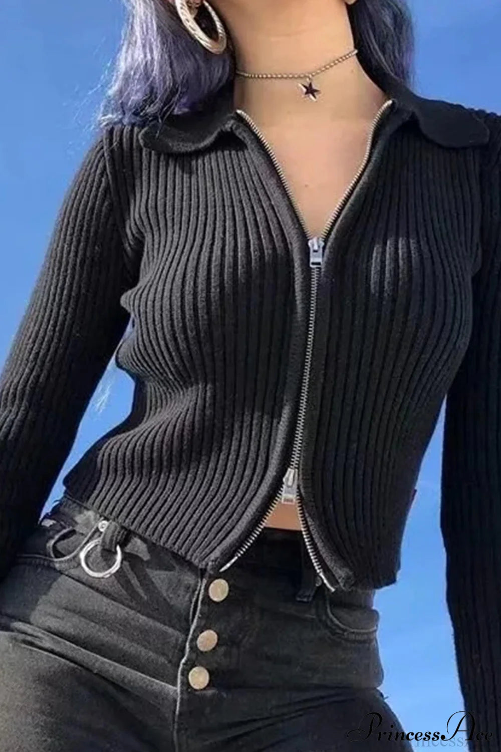 With Knit Cardigan Two-Way Zipper Black / One Size Cardigans