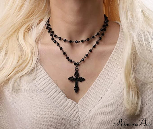 Popular Gothic Dark Exaggerated Cross Layered Necklace Black Halloween