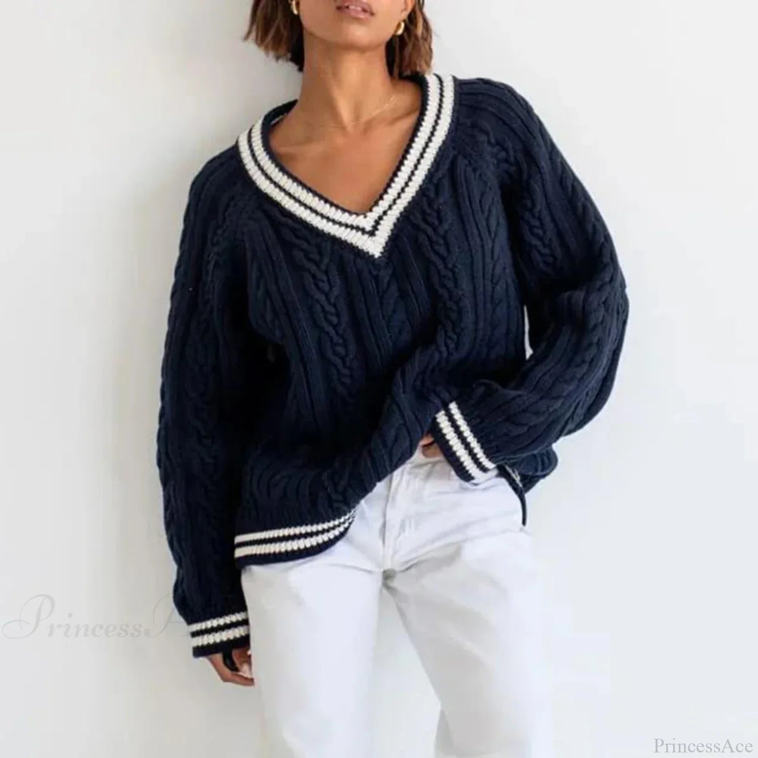 Preppy Cable Knit Striped V-neck Sweater