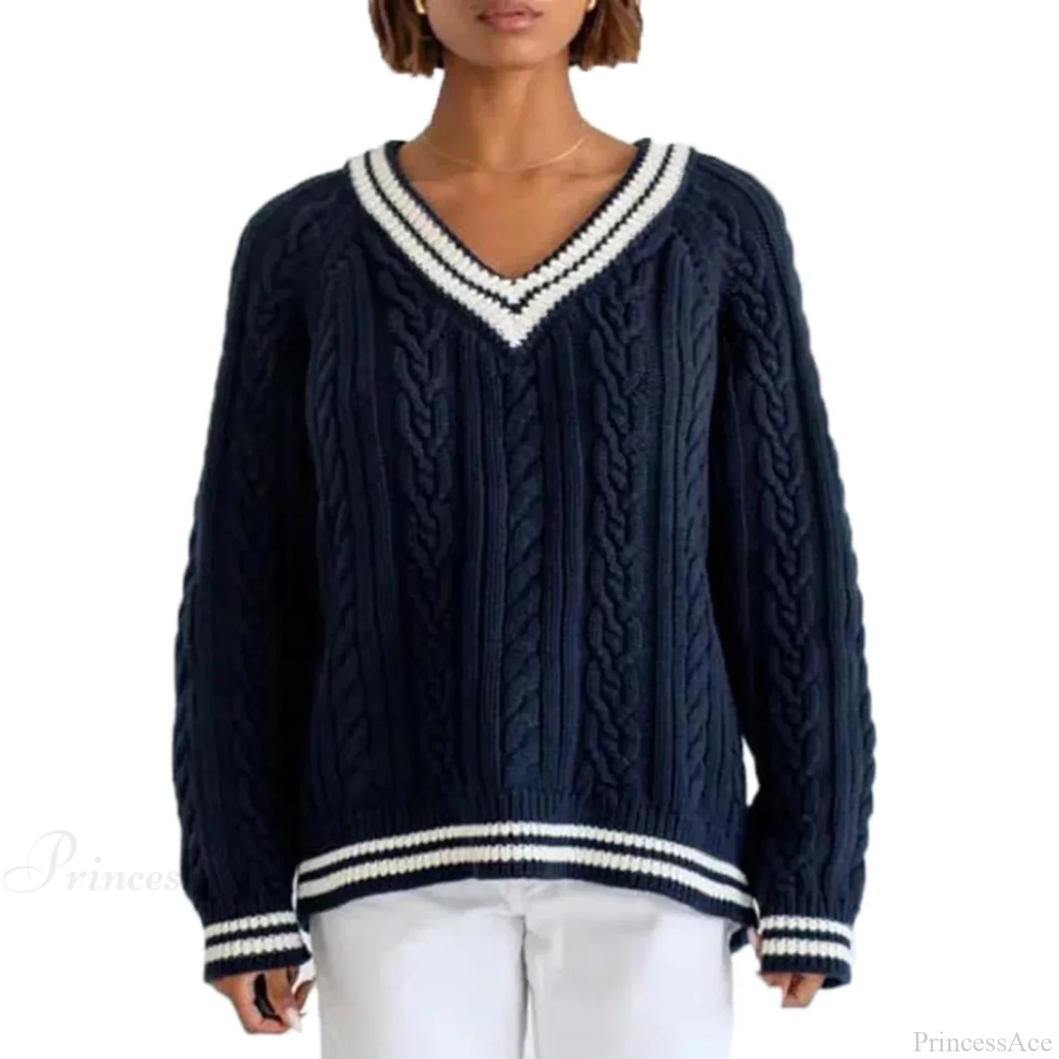 Preppy Cable Knit Striped V-neck Sweater Navy Blue / S