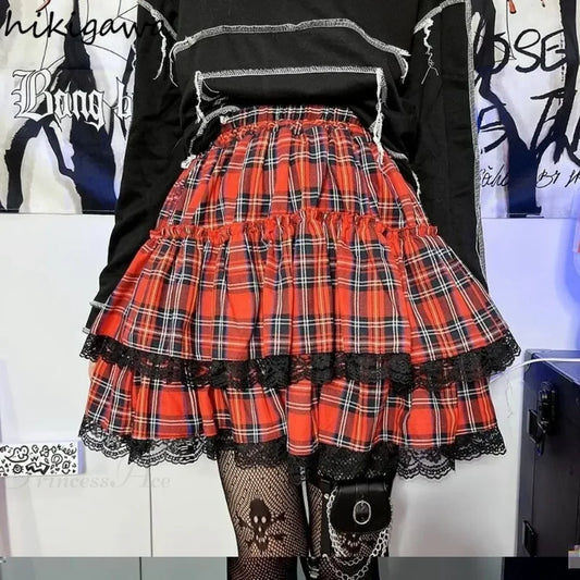 Preppy Plaid Patchwork Lace Skirt