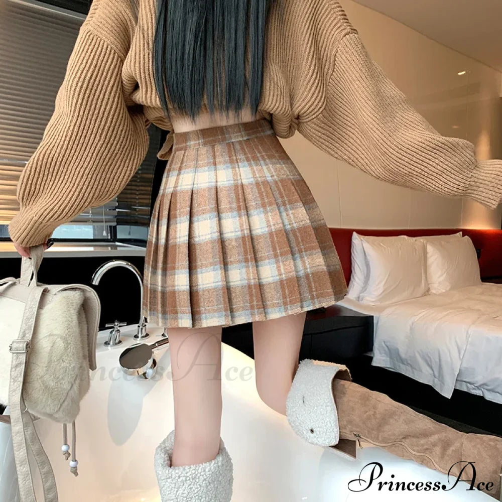 Preppy Vintage Plaid High Waist Thicken Winter Wool Mini Pleated Skirt