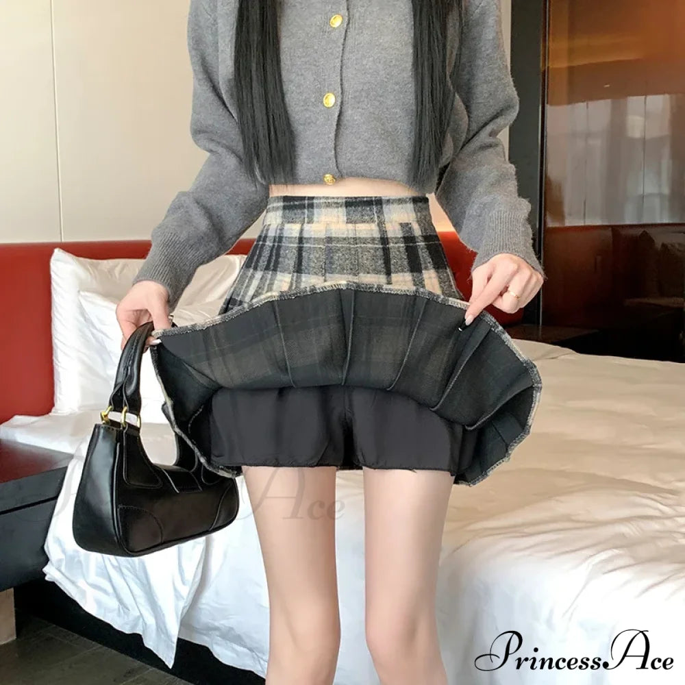 Preppy Vintage Plaid High Waist Thicken Winter Wool Mini Pleated Skirt