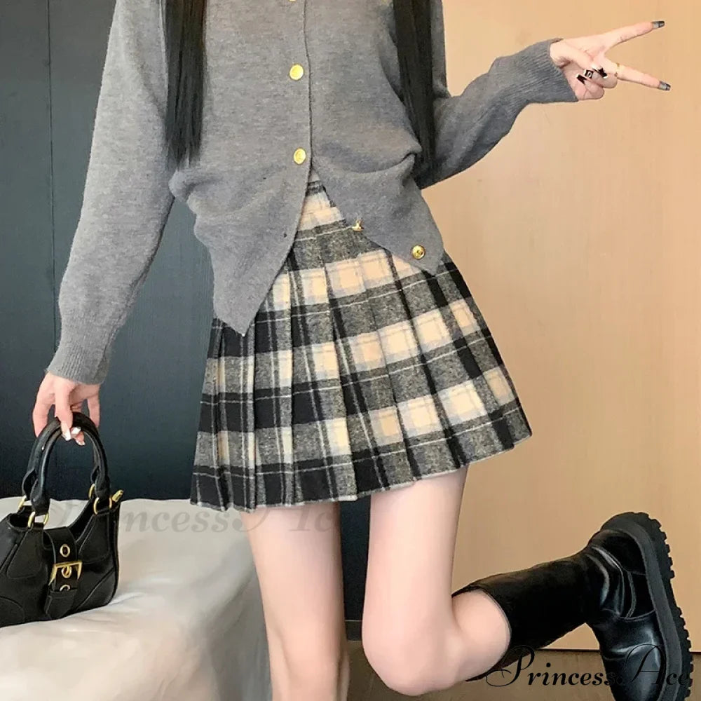 Preppy Vintage Plaid High Waist Thicken Winter Wool Mini Pleated Skirt Black / S