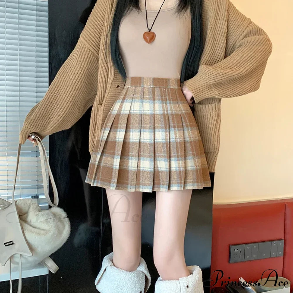 Preppy Vintage Plaid High Waist Thicken Winter Wool Mini Pleated Skirt Khaki / S