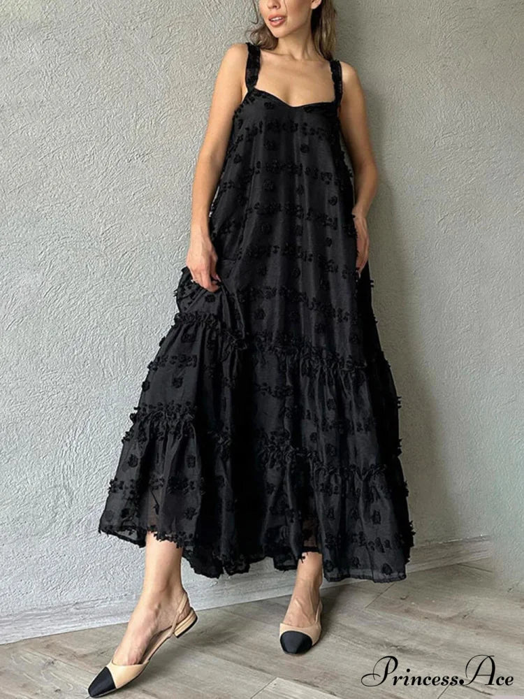 Pretty Flower Decor A-Line Graceful Layered Loose Maxi Dress Black / S Dresses