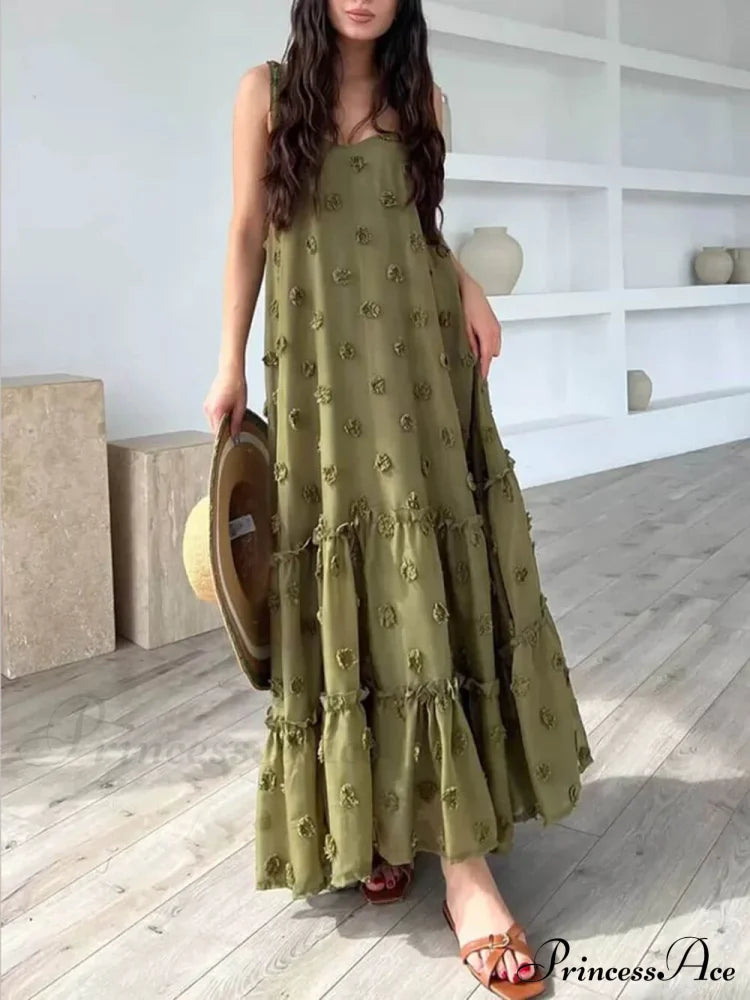 Pretty Flower Decor A-Line Graceful Layered Loose Maxi Dress Green / S Dresses