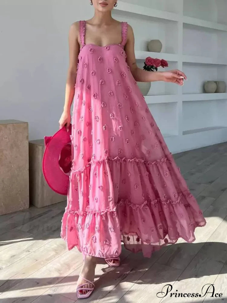 Pretty Flower Decor A-Line Graceful Layered Loose Maxi Dress Pink / S Dresses