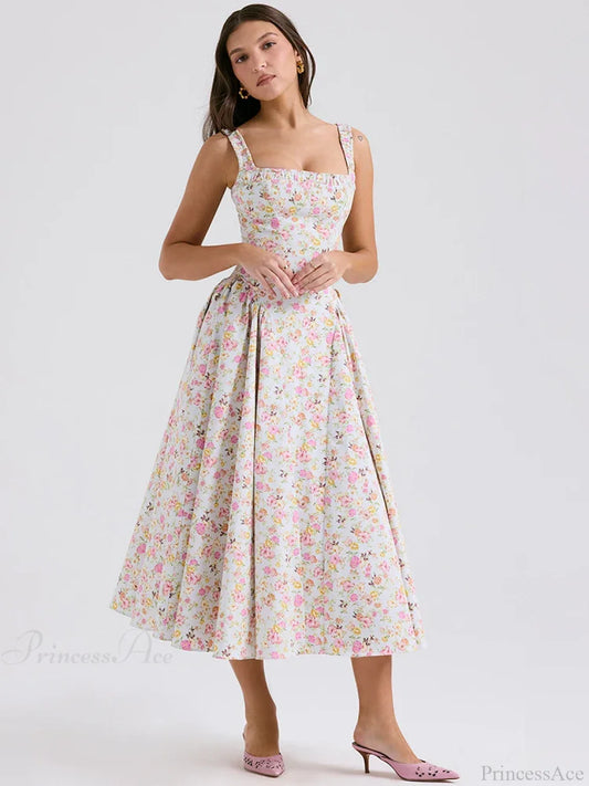 Print A-line Elegant Midi Vacation Dress Pink / S vacationdress-250223