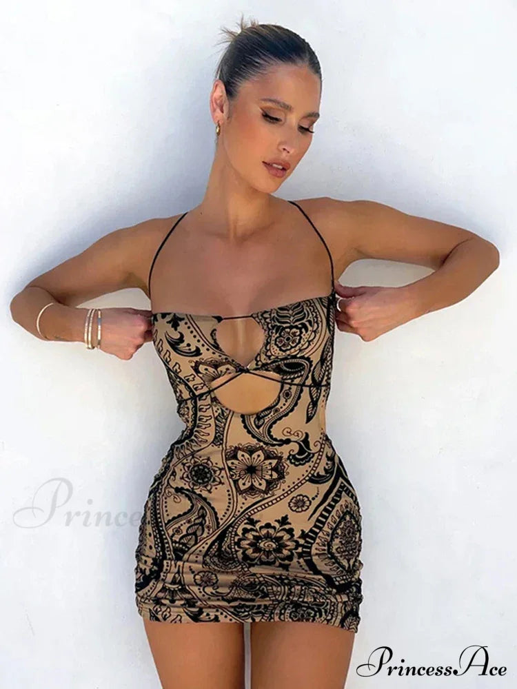 Print Backless Black Mini Dress