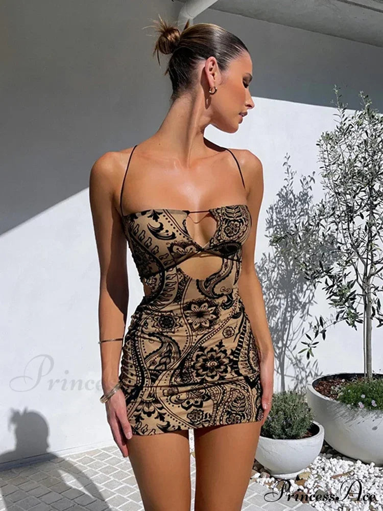 Print Backless Black Mini Dress / S