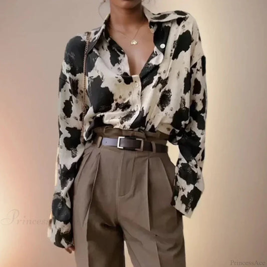 Print Button-up Casual Long Sleeve Blouse Black / S blouse-250126